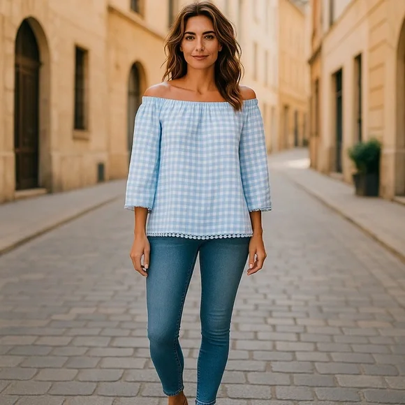 Sara Campbell Blue White Checkered Blouse - Picture 1 of 10